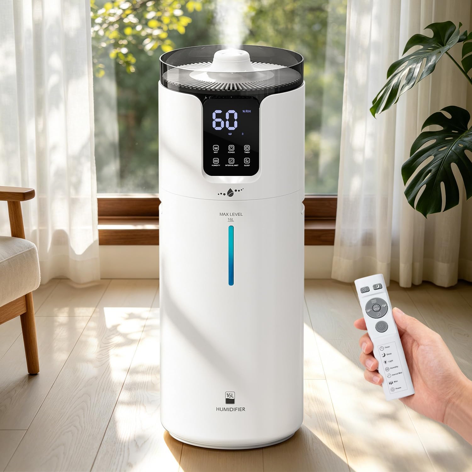 Humidifier large room 16L/4.2Gal - Whole house Humidifier for Home1500 sq.ft. Ultrasonic Cool Mist Humidifiers for Bedroom with Extension Tube & Aroma Box & Night light, White