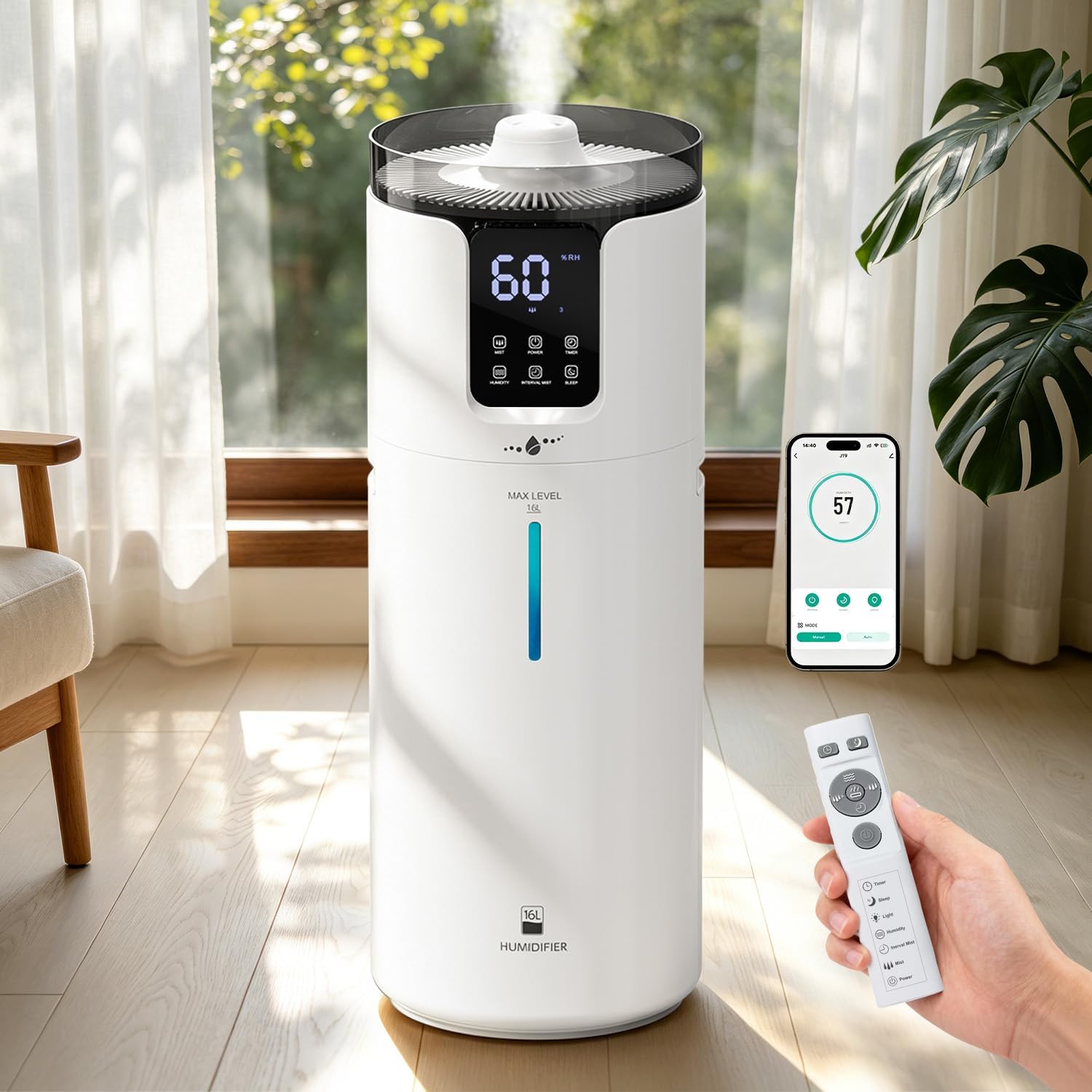 Humidifier large room 16L/4.2Gal - Whole house Humidifier for Home1500 sq.ft. Ultrasonic Cool Mist Humidifiers for Bedroom with Extension Tube & Aroma Box & Night light, White
