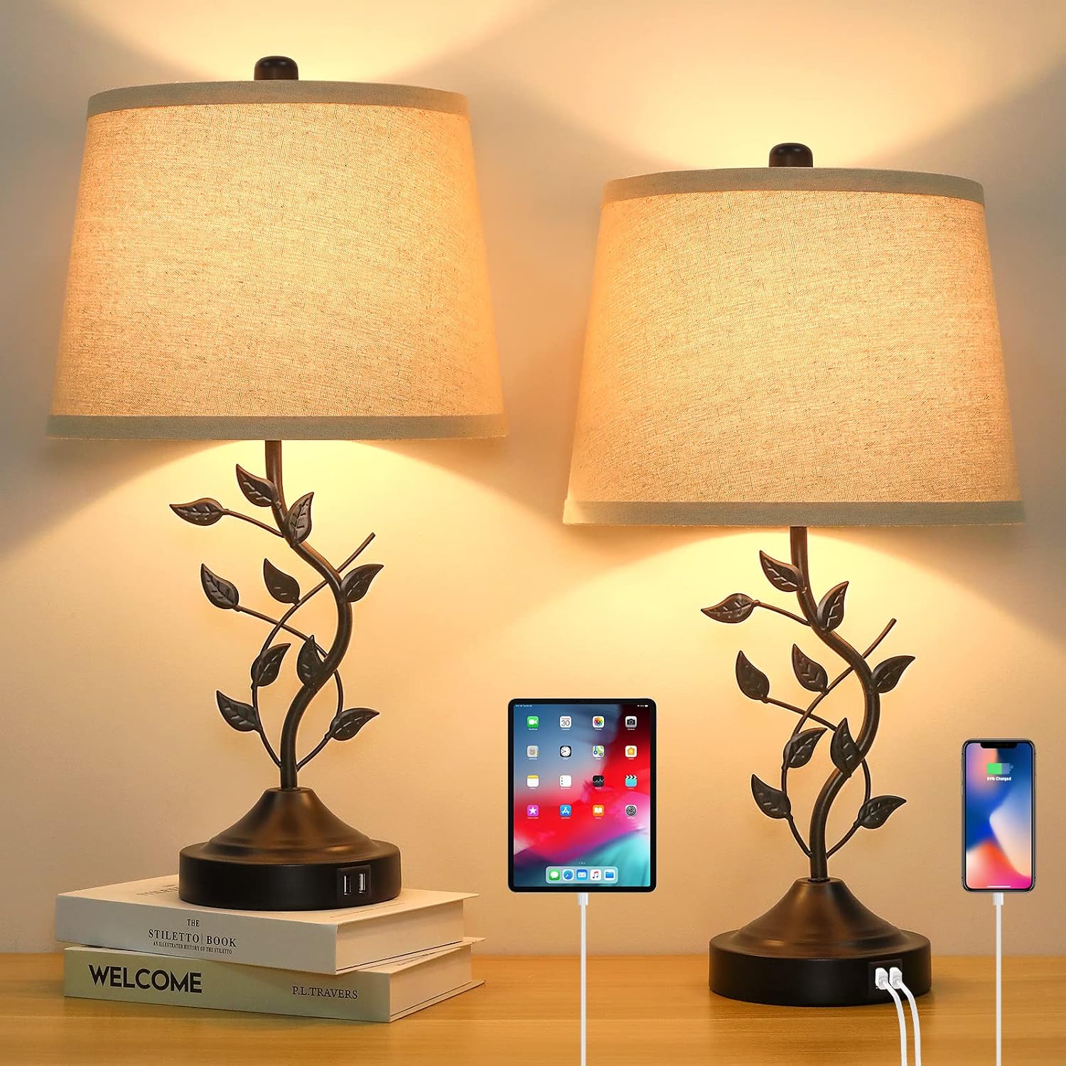 Set of 2 Wireless Charging Touch Control 3-Way Dimmable Table Lamp | Beside Nightstand Lamps for Bedroom with USB Port & AC Outlet, Living Room Office End Table Lamp, LED Bulb Included,